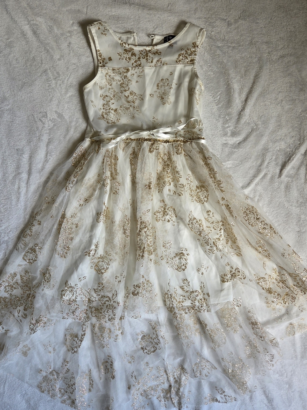 Ivory and Gold Floral Tulle Party Dress Fairy Princess Formal